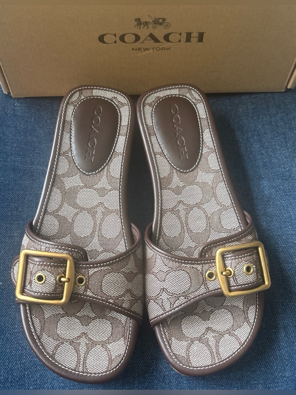 COACH Margot Signature Jacquard Wooden Heel Slip On Sandals Oak/Maple Sz-7.5 NW